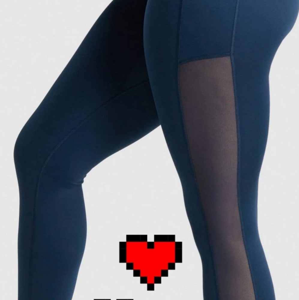 Dark Blue yoga pants/leggings, mesh sides, pockets, full length large